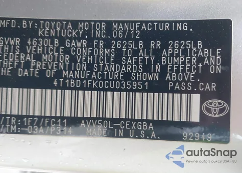 2012 Toyota Camry Hybrid Xle из США, поврежденный, VIN 4T1BD1FK0CU035951